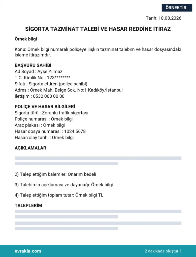 Sigorta Hasar İtiraz Dilekçesi örneği