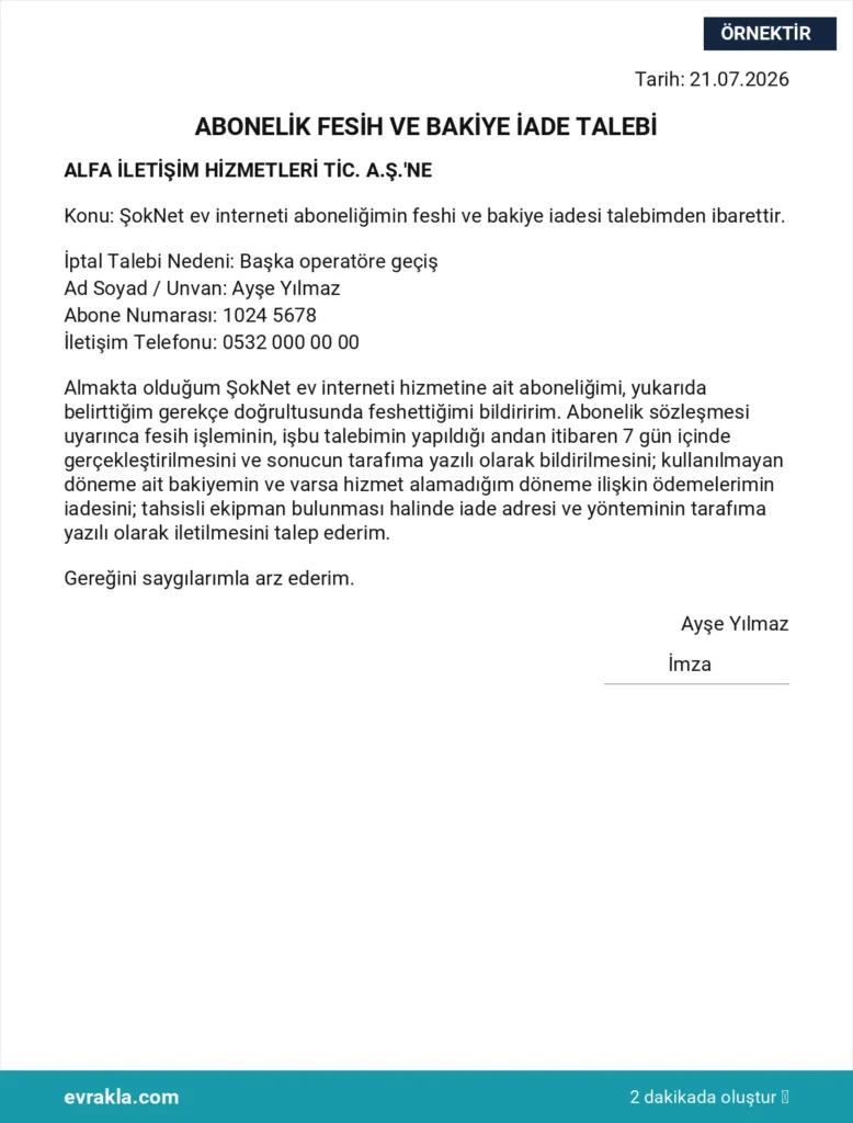 ŞokNet Abonelik İptali örneği