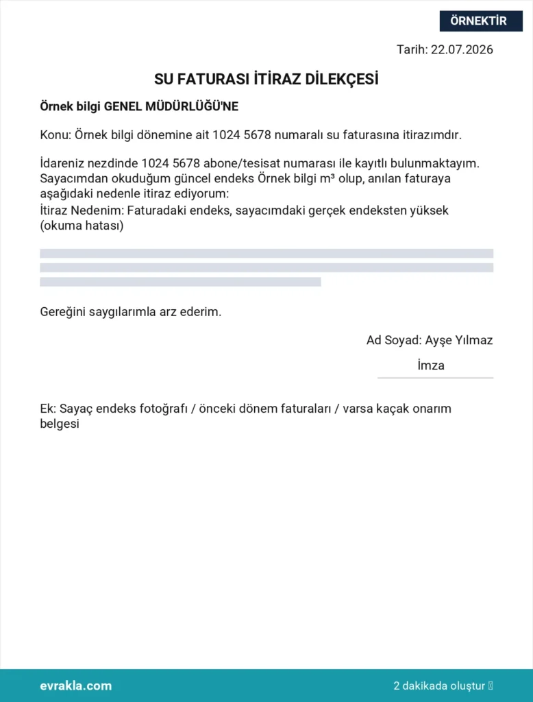 Su Faturası İtiraz Dilekçesi örneği