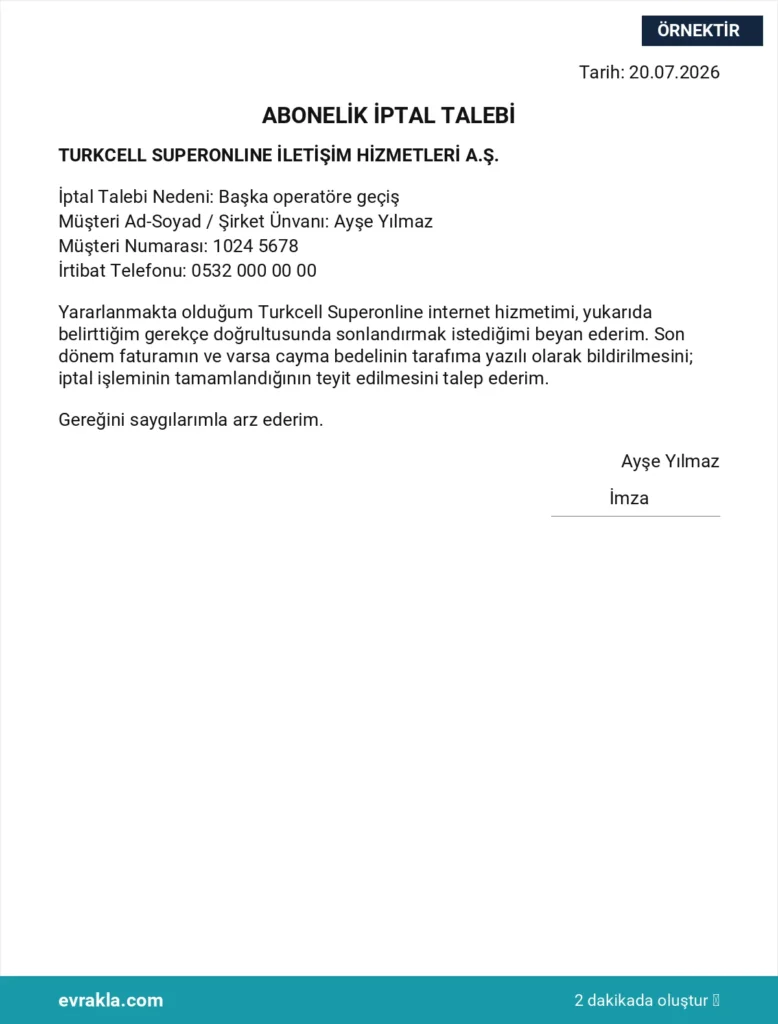 Superonline Abonelik İptali örneği