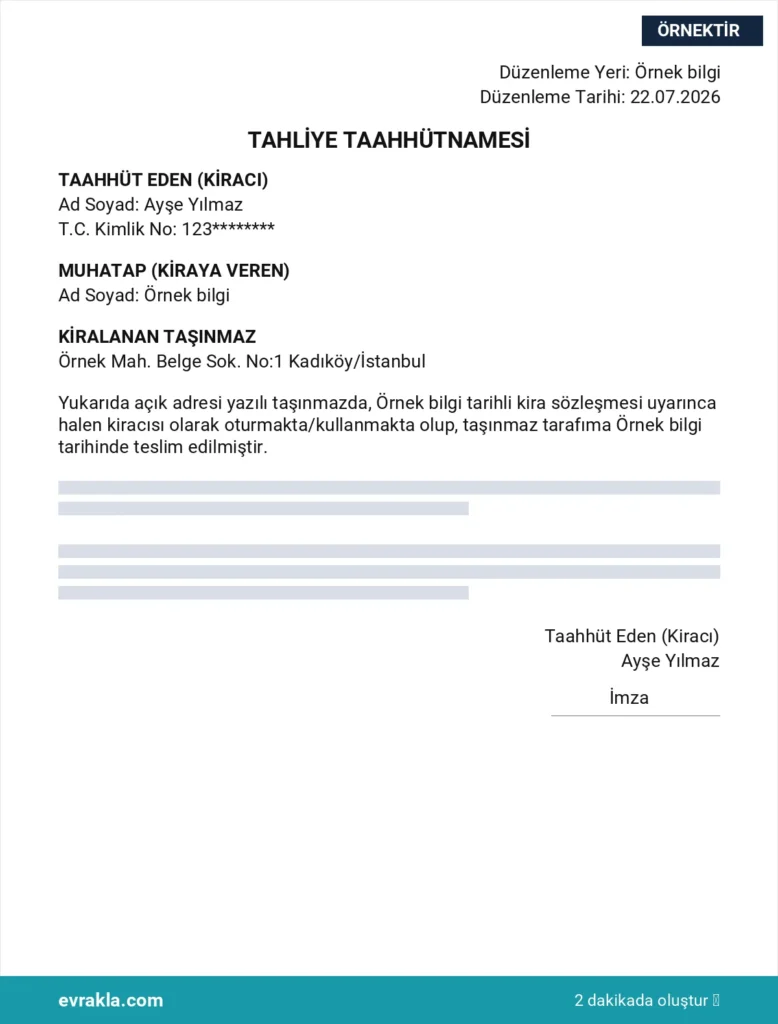 Tahliye Taahhütnamesi örneği