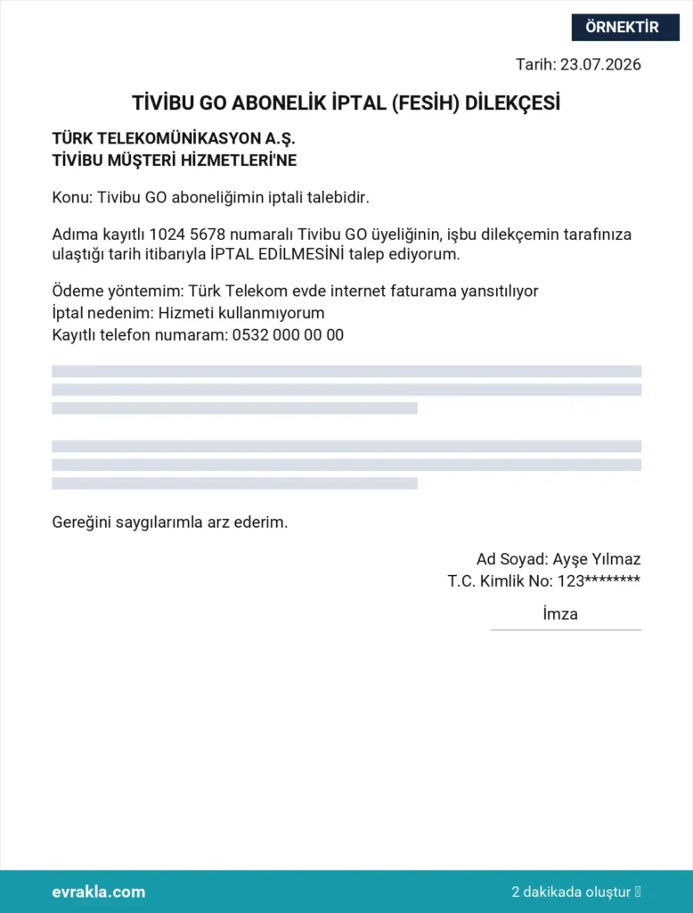 Tivibu GO İptal Formu ve Dilekçesi örneği