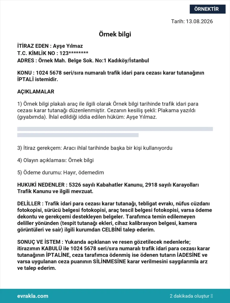 Trafik Cezası İtiraz Dilekçesi dilekçesi örneği