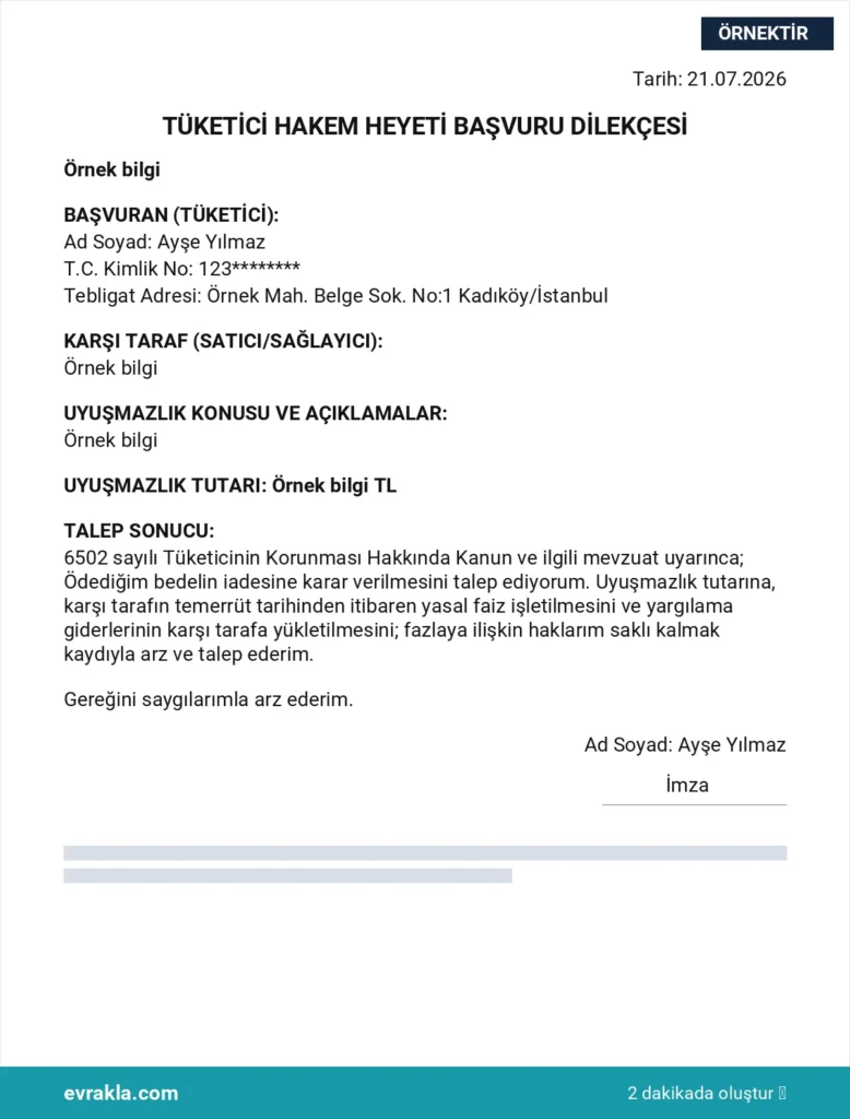 Tüketici Hakem Heyeti Başvurusu örneği