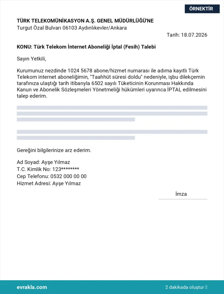 Türk Telekom İnternet İptal Formu örneği