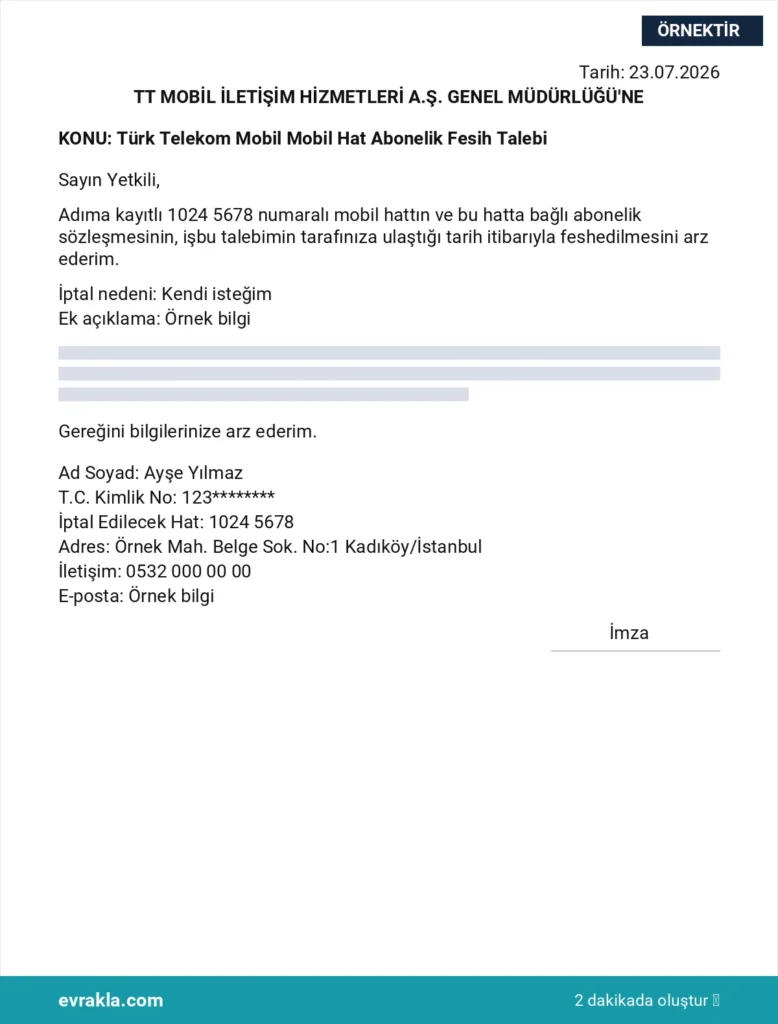 Türk Telekom Mobil Hat İptal Dilekçesi örneği