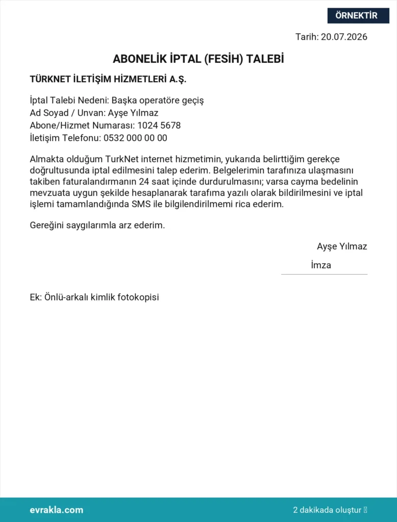 TurkNet Abonelik İptali örneği