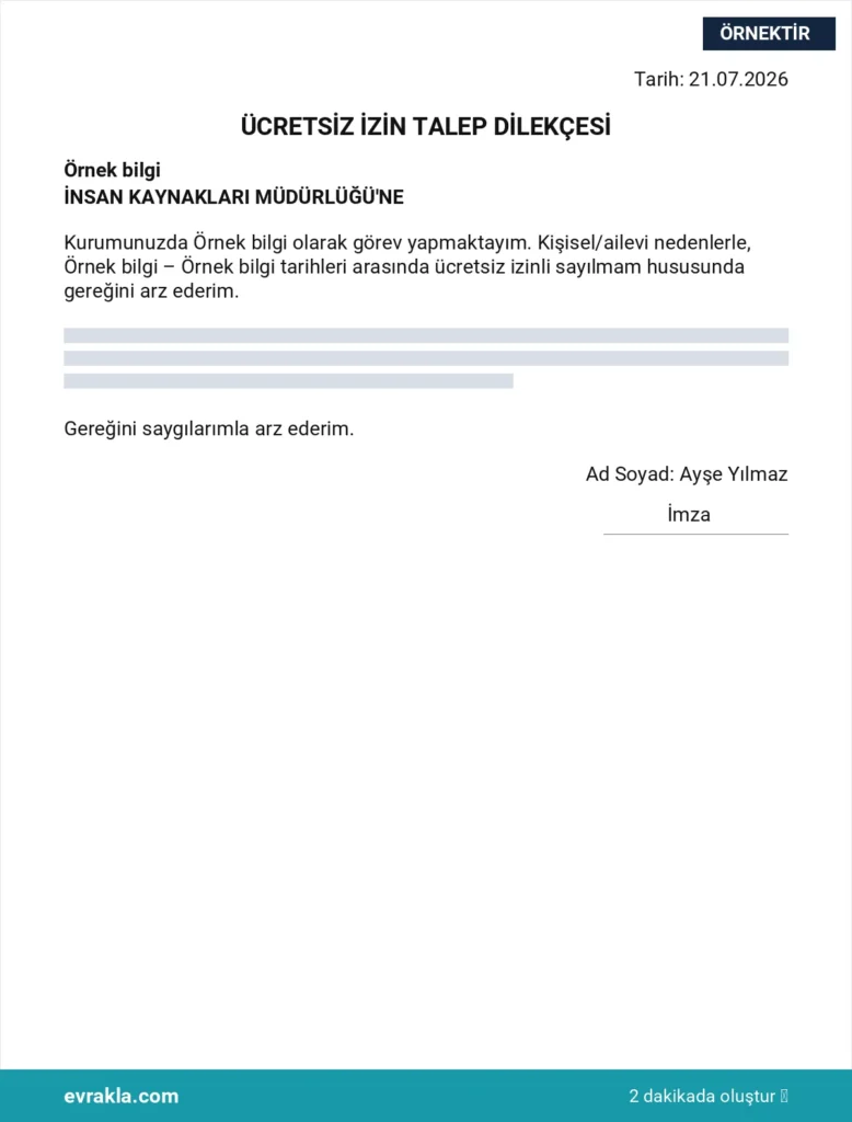Ücretsiz İzin Dilekçesi örneği