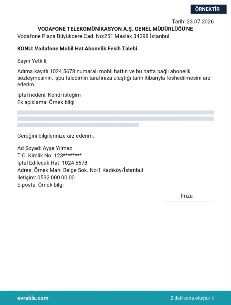 Vodafone Hat İptal Dilekçesi örneği