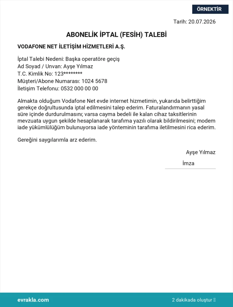Vodafone Net Abonelik İptali örneği