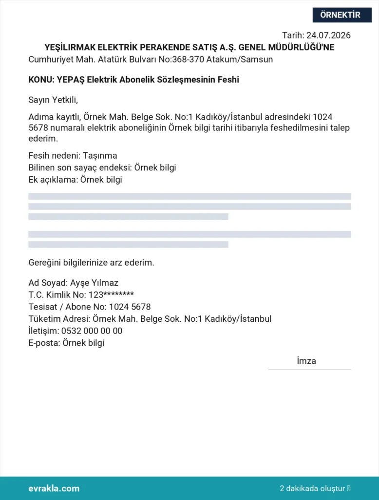 YEPAŞ Elektrik Abonelik İptali örneği
